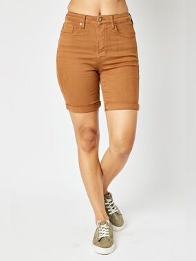 Judy Blue Tess Tummy Control Bermuda Denim Shorts Brown/Orange Size 1XL